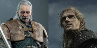 Vesemir z gry "The Witcher" i Henry Cavill jako wiedźmin Geralt w serialu Netflixa.